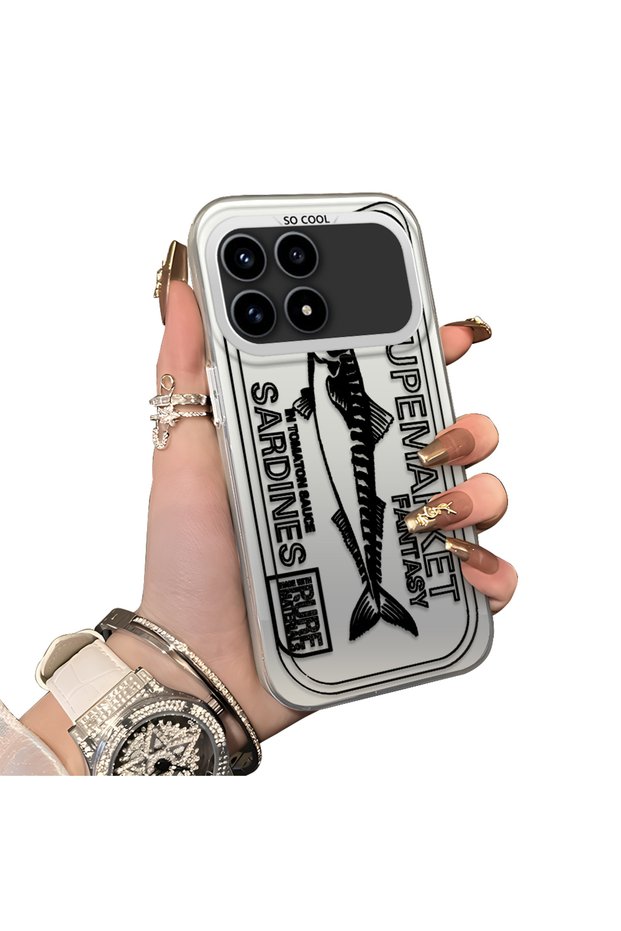 Xiaomi Poco F8 Pro 5g Compatible Canned Sardine Fish Sketch Pattern Non-Transparent Acrylic Back Silicone Edge Case