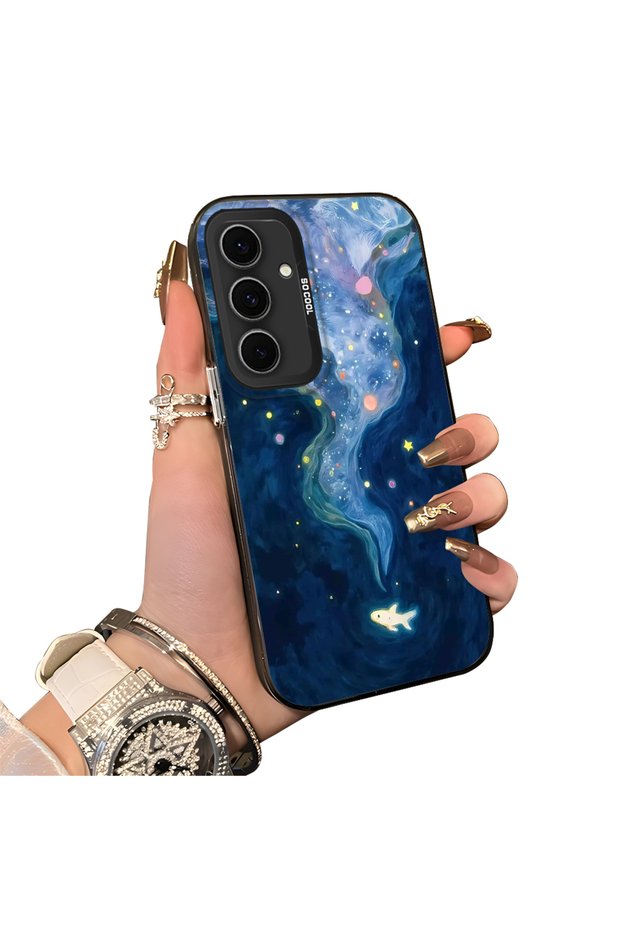 Samsung Galaxy S24 Fe Compatible Dreamy Starry Sea Fish Pattern Acrylic Back Silicone Edge Phone Case