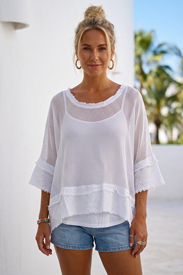 Italian White Pool Collar 3/4 Sleeve Mesh Detailed Sewn Casual Cotton Oversize Woven Blouse 67 74