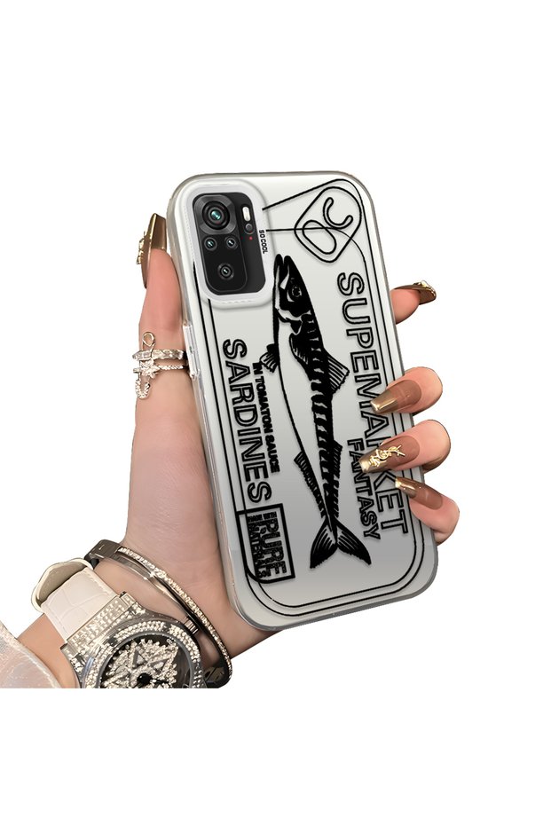 Xiaomi Poco M5S Compatible Canned Sardine Fish Sketch Patterned Non-Transparent Acrylic Back Silicone Edge Case