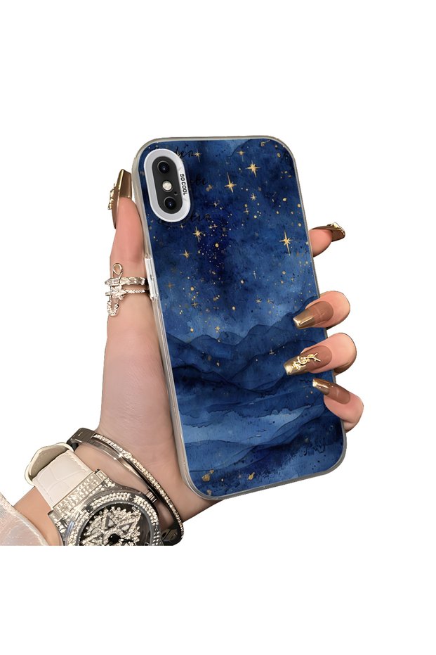 iPhone X/Xs Compatible Navy Blue Watercolor Mountain-Star Art Pattern Acrylic Back Silicone Edge Phone Case