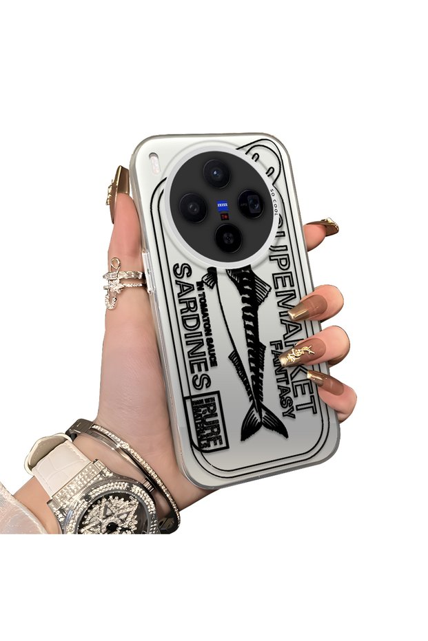Vivo X300 Compatible Canned Sardine Fish Sketch Patterned Non-Transparent Acrylic Back Silicone Edge Case