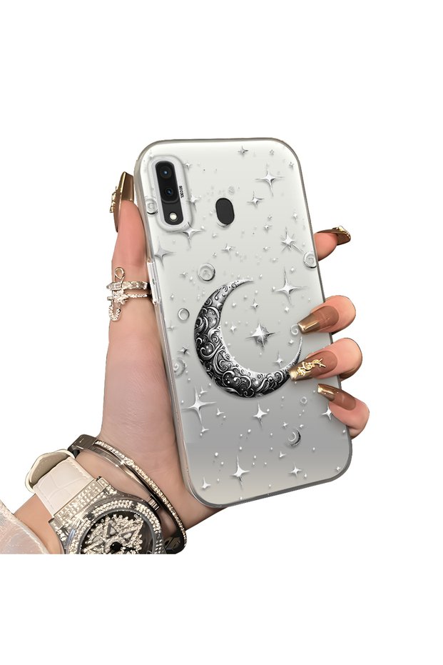 Samsung Galaxy A30/A20 Compatible Silver Carved Moon and Star Pattern Non-Transparent Acrylic Back Silicone Edge Case