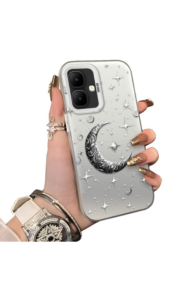 Infinix Smart 10 Compatible Silver Engraved Moon and Star Pattern Non-Transparent Acrylic Back Silicone Edge Case