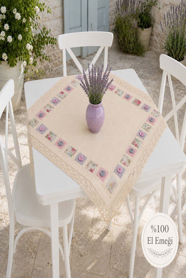 Natural Handmade Floral Embroidered Appliqué Table, Coffee Table, Fiskos Cover