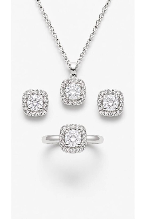 Crystal Stone Square Pendant Earrings and Adjustable Ring 3-Piece Jewelry Set Silver Color