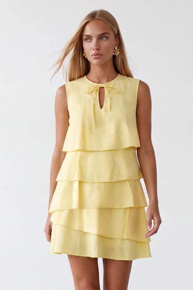 Women's Yellow Tie-Dye Detailed Layered Mini Poplin Dress Alc-X15608