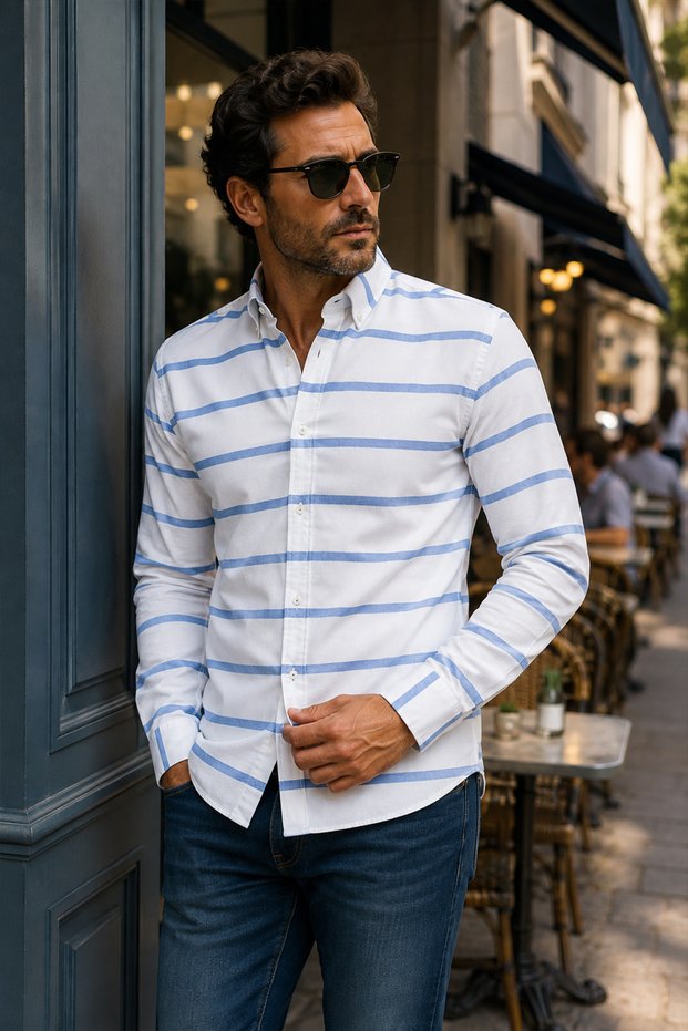 Men's Slim Fit 100% Cotton Shirt, Pocketless, Buttoned at the Bottom of the Collar, Long Sleeve Stylish Shirt