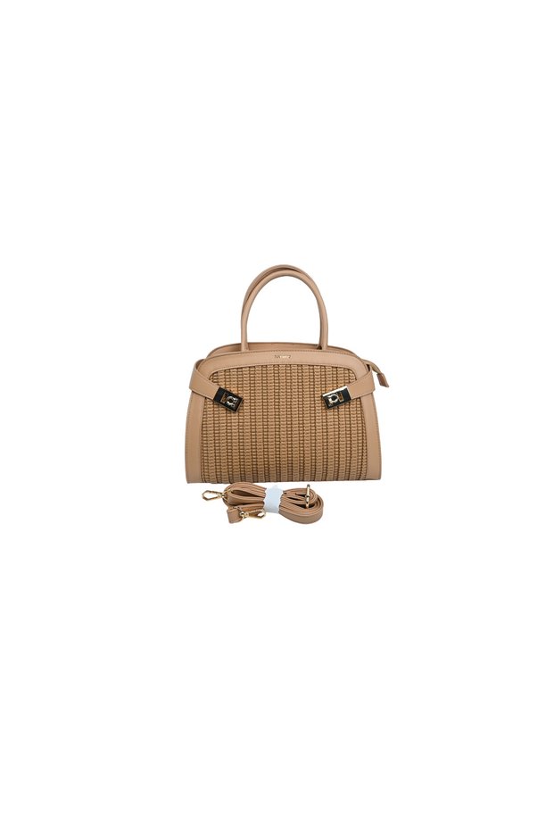 Duki Daso Beige Straw Look Women's Hand and Shoulder Bag | Summer T8458 Beige 3 Compartment Zipper Pocket and C