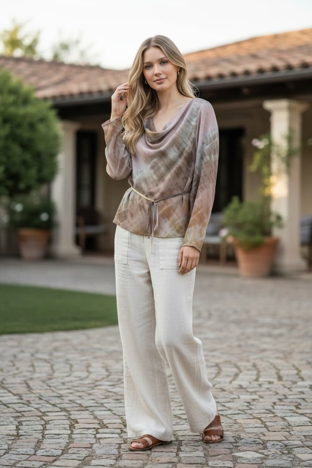 Women's degaje neckline waist tie detailed long sleeve blouse