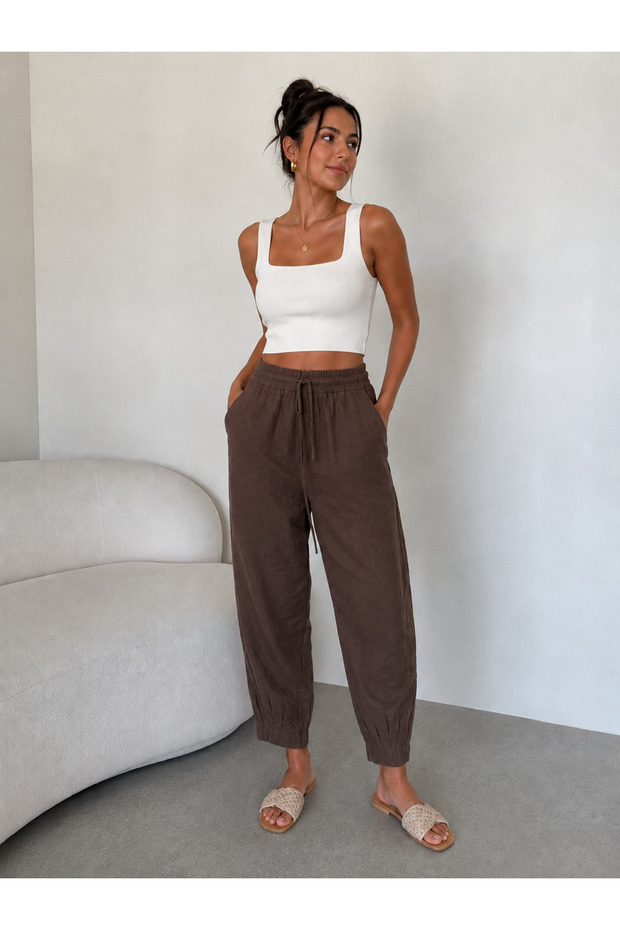 Brown Pleated Linen Trousers - 0255