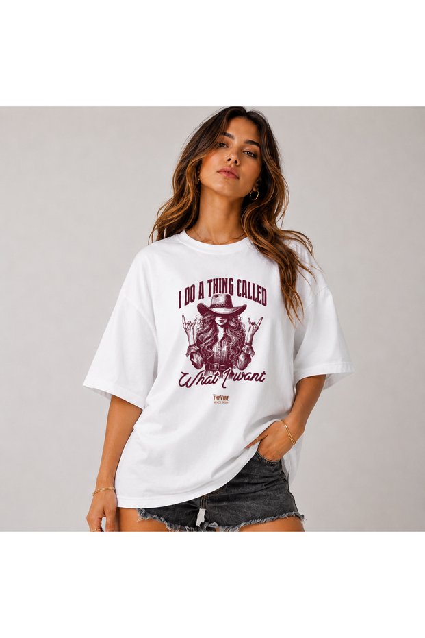 Women's White Oversize Western Graphic Printed T-Shirt / T-Shirt