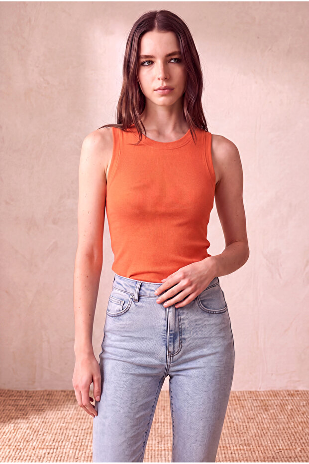 Women's Cotton Orange Sleeveless Crew Neck Ribbed Undershirt Sanne