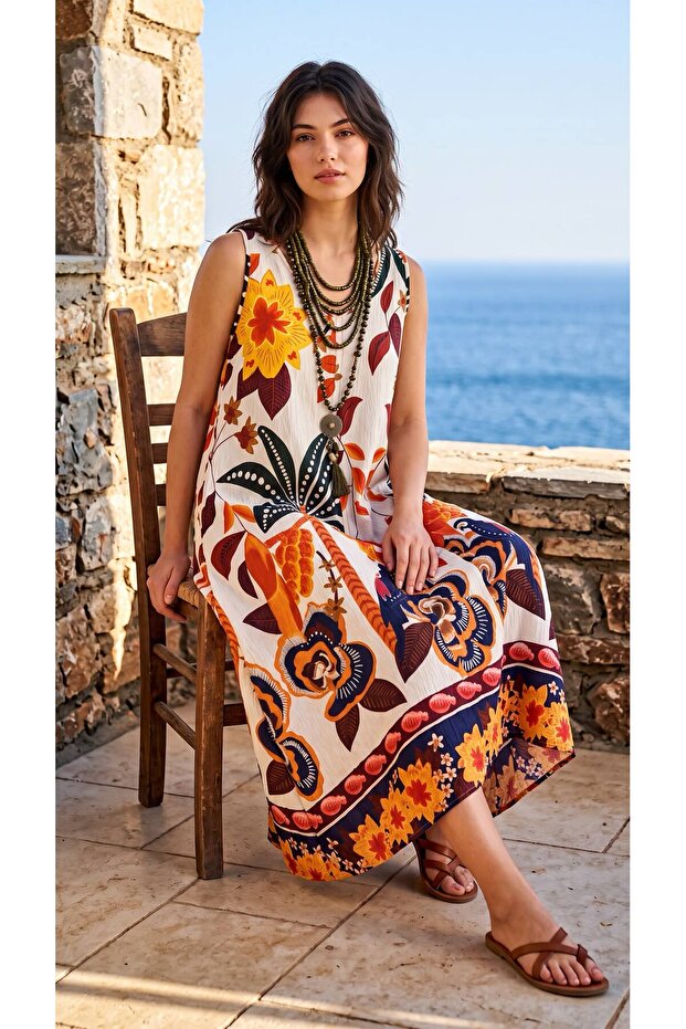 Botanical Patterned Viscose Cotton Dress - Cream Sleeveless Maxi Dress