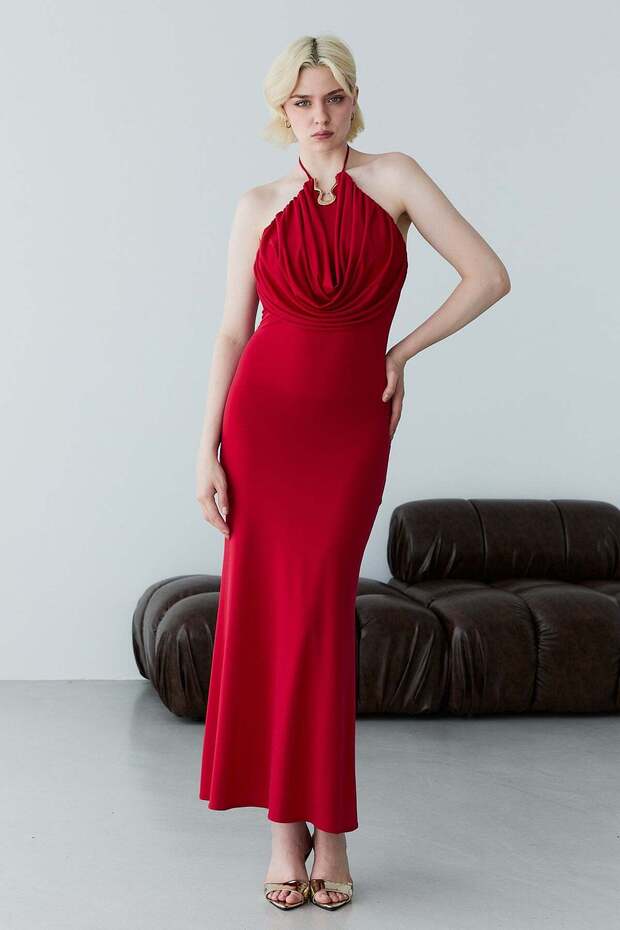Red Degaje Collar Long Dress with Gold Accessory Detail