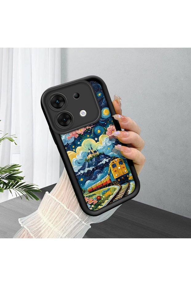 Infinix Zero 30 5g Compatible Black Silicone Case Starry Night Train and Castle Pattern Camera Protected Shock Absorbing