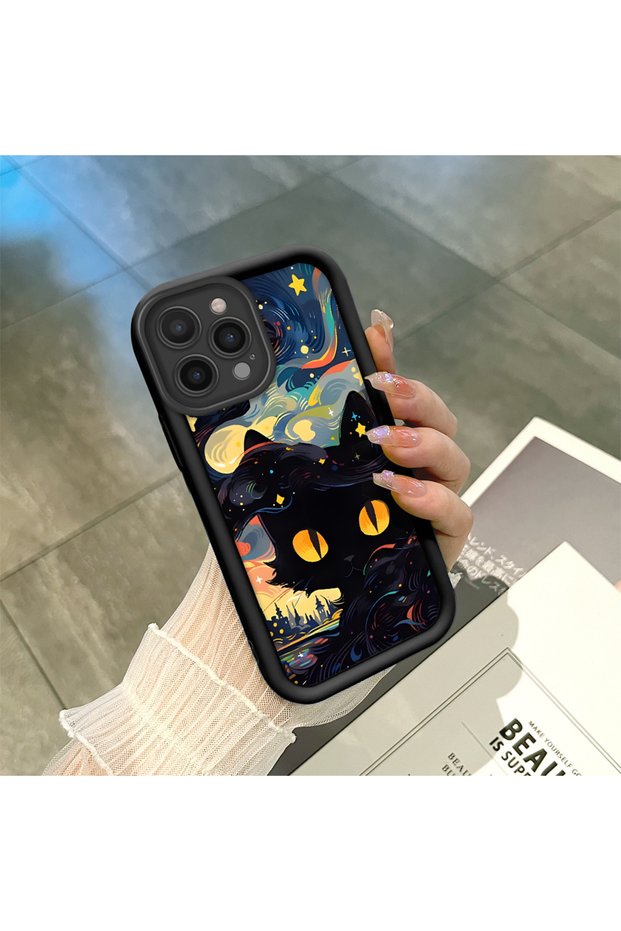 iPhone 15 Pro Compatible Black Silicone Case Starry Night Black Cat Pattern Camera Protected Shock Absorbing