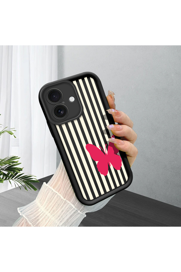iPhone 16 Compatible Black Silicone Case Black-White Striped Butterfly Pattern Camera Protected Shock Absorbing