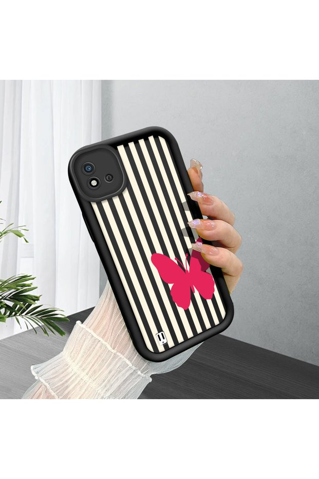 Realme C20/C20A Compatible Black Silicone Case with Black and White Stripes Butterfly Pattern Camera Protection Shock Absorbing