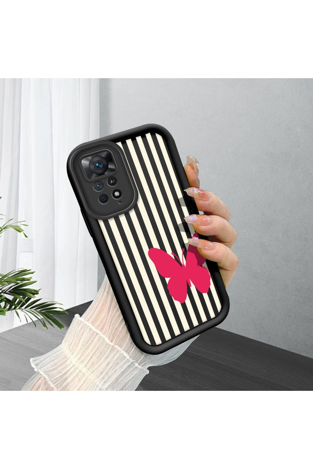 Redmi Note 11 Pro 4G/5G Compatible Black Silicone Case Black-White Striped Butterfly Pattern Camera Protected Shock Absorbing