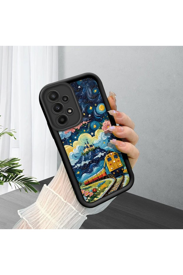 Samsung Galaxy A23 4G/5G Compatible Black Silicone Case Starry Night Train and Castle Pattern Camera Protected Shock Absorbing