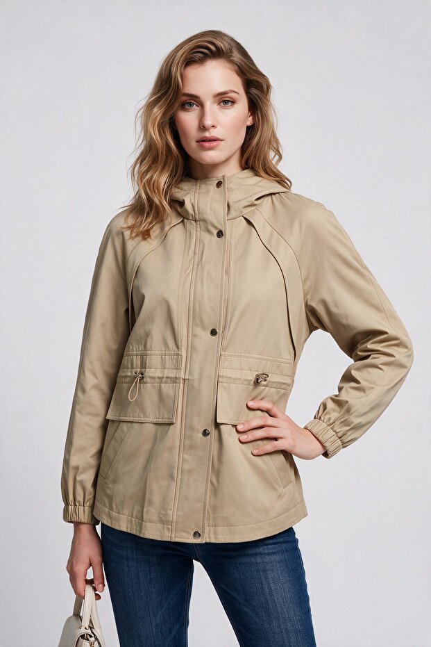 Hooded Trench Coat with Elastic Sleeves