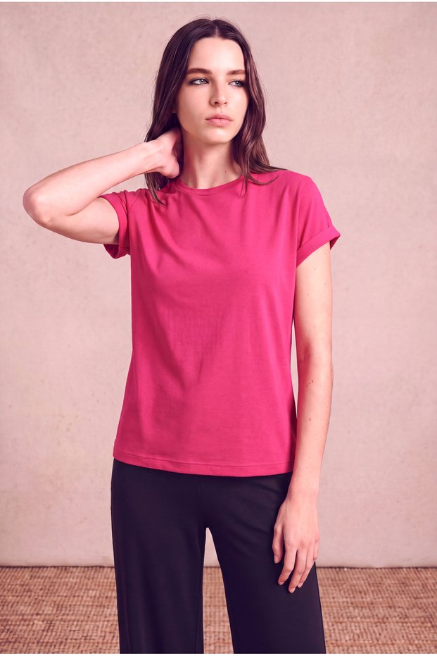 Women's Viscose Blended Fuchsia Folded Short Sleeve Crew Neck Relaxed Fit T-Shirt Silje