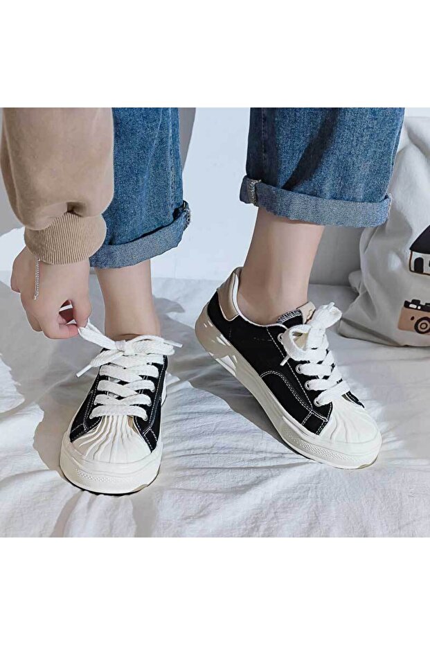 Women's Black Canvas Lace-Up Sneakers