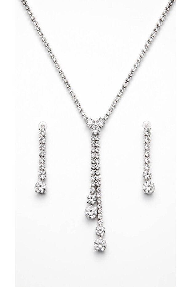 Zircon Stone Waterway Necklace and Dangle Earrings 2-Piece Evening Dress Jewelry Set Silver Color