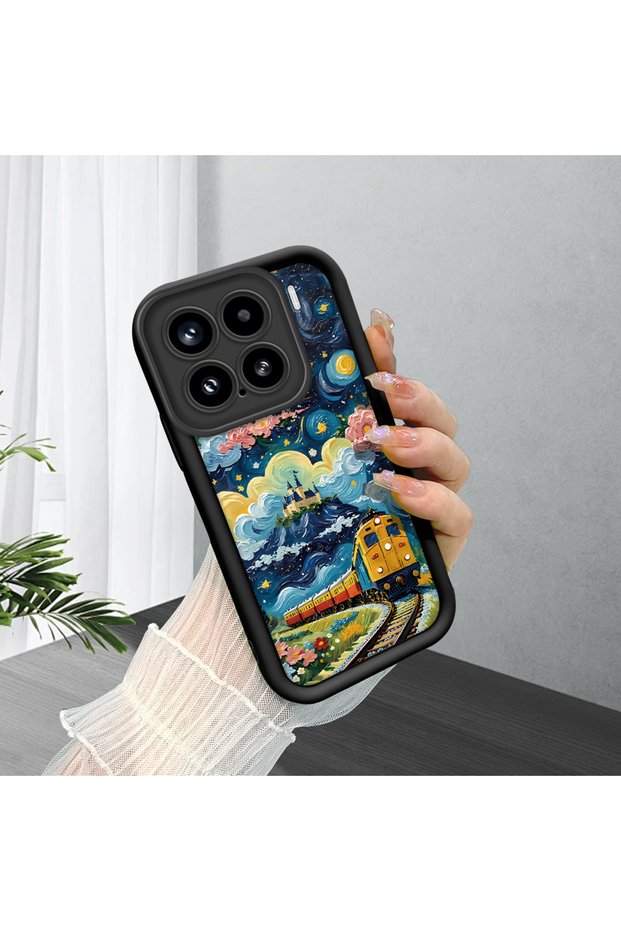 Xiaomi Mi 15 5g Compatible Black Silicone Case Starry Night Train and Castle Pattern Camera Protected Shock Absorbing