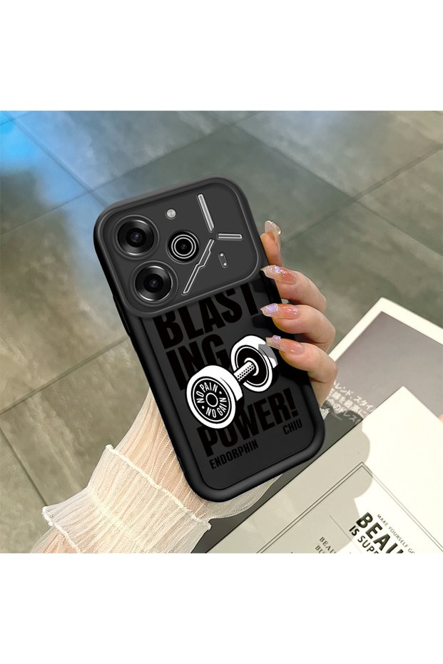 Tecno Pova 6/Pova 6 Pro Compatible Black Silicone Case Fitness Dumbbell Motivational Pattern Camera Protected Shock Absorbing