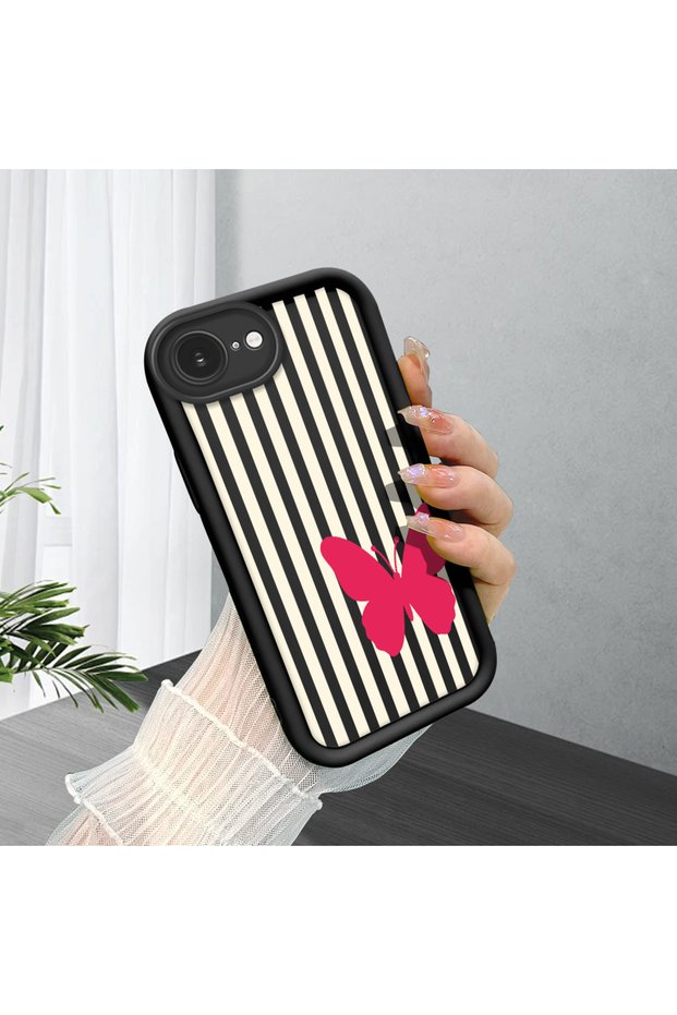 iPhone 16E Compatible Black Silicone Case with Black and White Stripes Butterfly Pattern Camera Protection Shock Absorbing