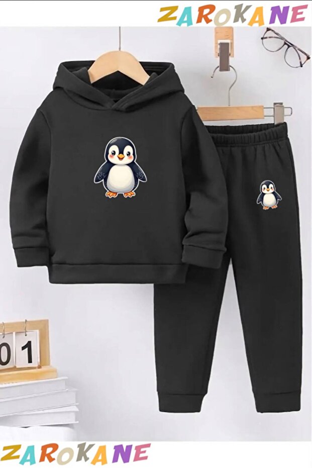 Puppy Penguin Printed Winter Children's Hooded Cotton Inside Track Suit Set (Bottom Track Pants with Pockets)