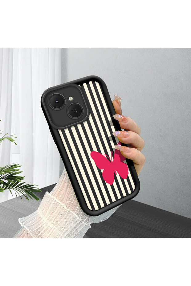 Tecno Spark 40C Compatible Black Silicone Case with Black and White Stripes Butterfly Pattern Camera Protection Shock Absorbing