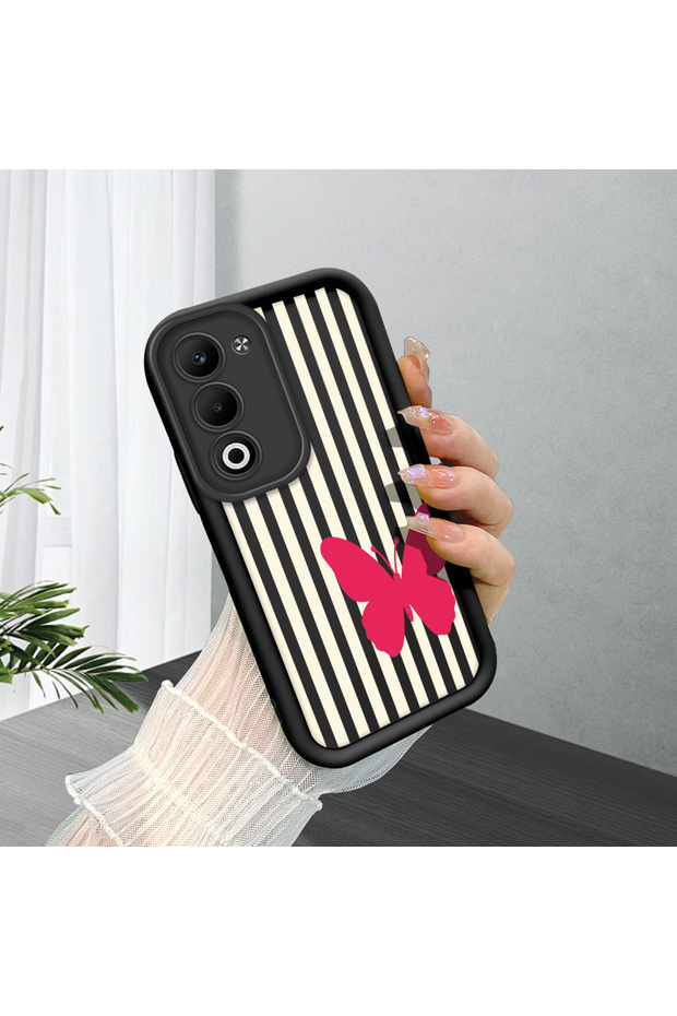 Oppo A5 4G/5G Compatible Black Silicone Case Black-White Striped Butterfly Pattern Camera Protected Shock Absorbing