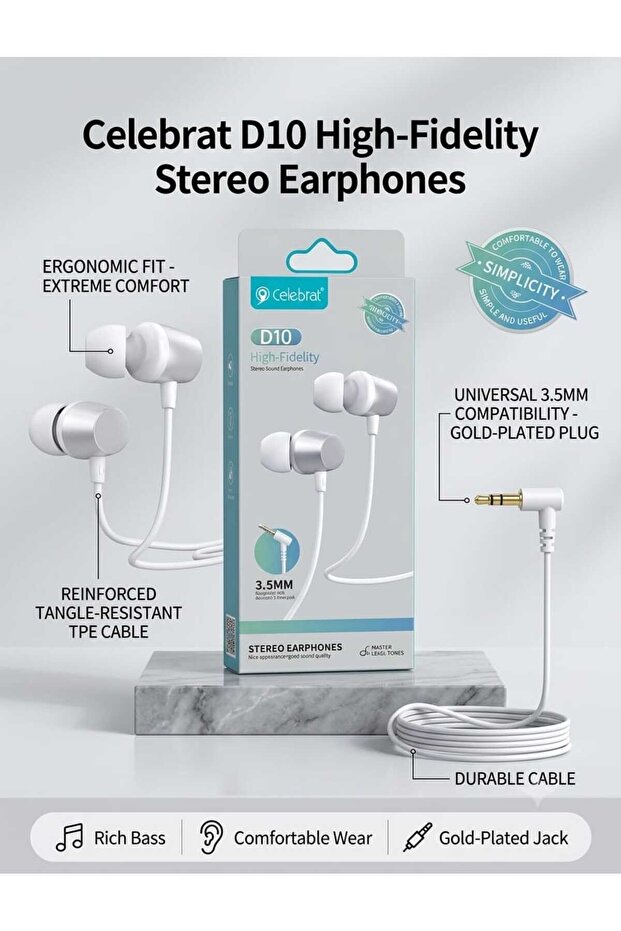 D10 High-Fidelity Stereo Earphones – Wired 3.5mm In-Ear Headphones with Gold-Plated Jack