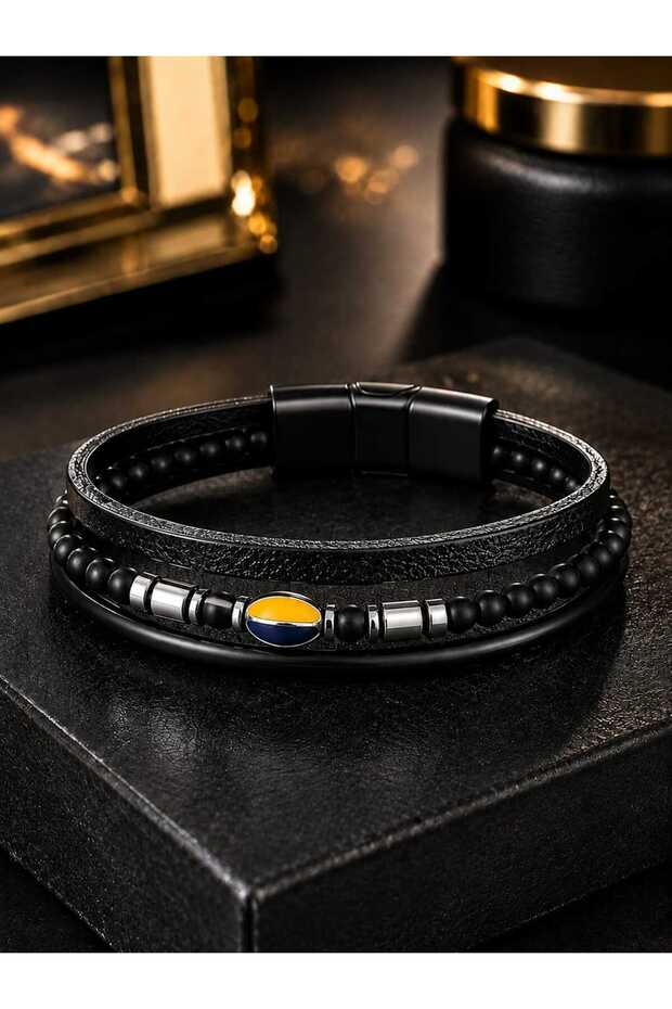 Bead Detailed Fan Leather Bracelet (21 cm)