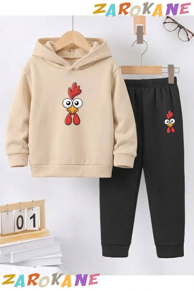 Şaşkin Horoz Printed Winter Children's Hooded Cotton Insulated Tracksuit Set (Bottom Tracksuit with Pockets)