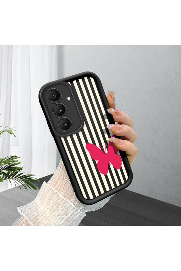 Samsung Galaxy S25 Fe Compatible Black Silicone Case with Black and White Striped Butterfly Pattern, Camera Protection, Shock Absorption
