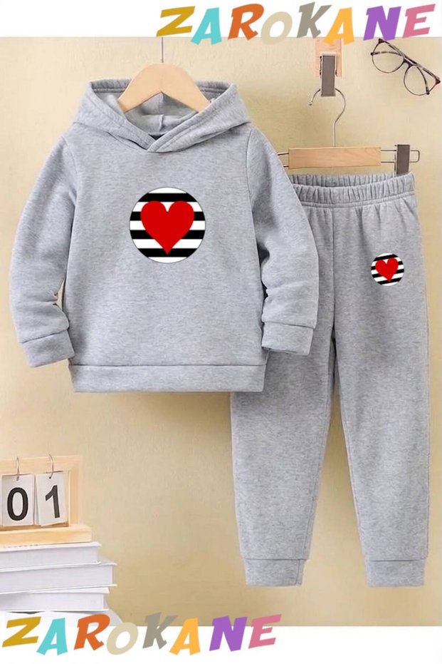 Heart Printed on Round Cotton Fleece Inside the Winter Children's Hooded Bottom-Up Trousers Set (Bottom Trousers with Pockets)