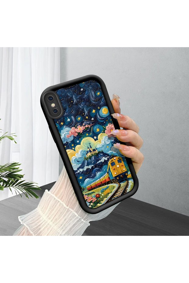 iPhone XS Max Compatible Black Silicone Case Starry Night Train and Castle Pattern Camera Protected Shock Absorbing