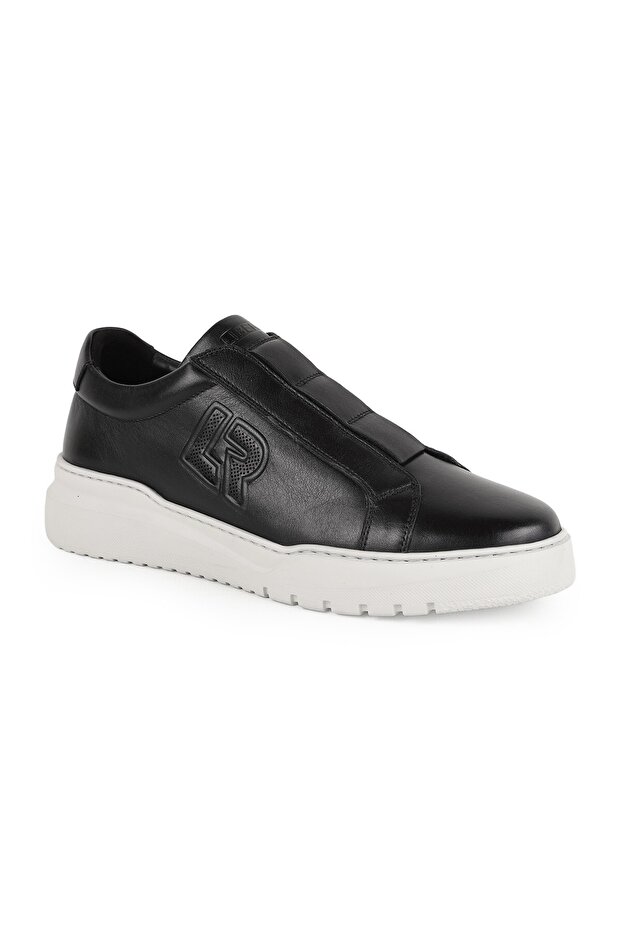 Men's Sneaker Black 100% Genuine Leather Laceless Slip-On Practical Wear Lightweight White Eva Sole Shoes L