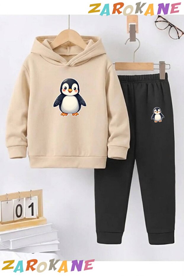 Puppy Penguin Printed Winter Children's Hooded Cotton Inside Track Suit Set (Bottom Track Pants with Pockets)