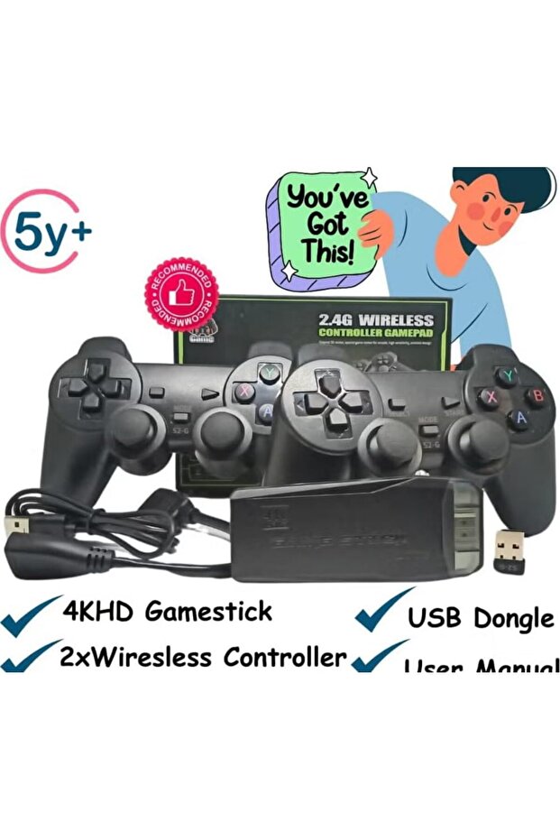 Game Stick Lite 2.4G Wireless Controller Gamepad, 4KHD, 2 Wireless Controllers, USB Dongle, Black, 5y+