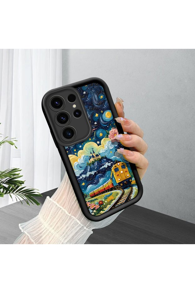 Samsung Galaxy S23 Ultra Compatible Black Silicone Case Starry Night Train and Castle Pattern Camera Protected Shock Absorbing