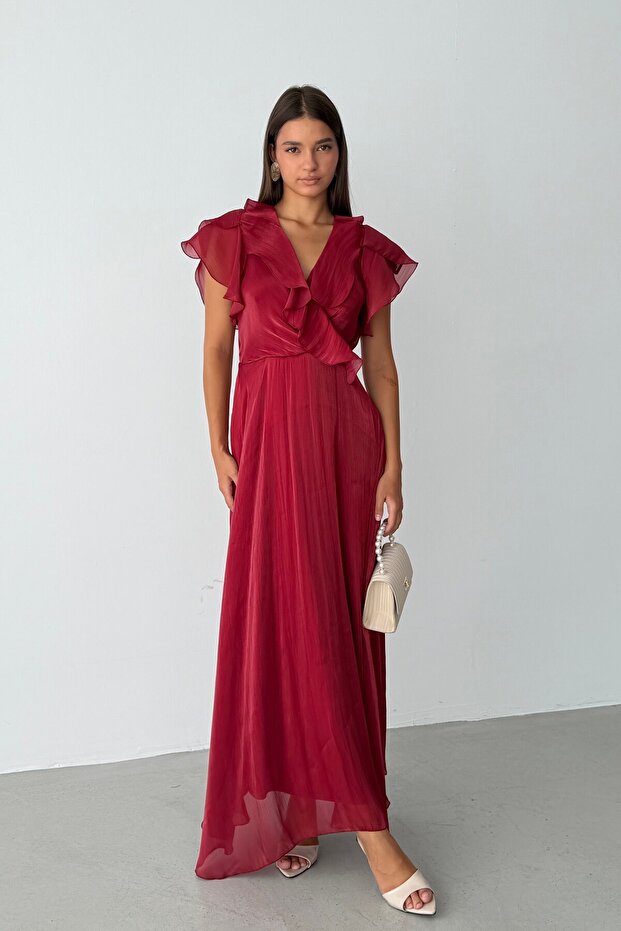 Burgundy Double-Breasted Collar Long Dress with Flounce Sleeves