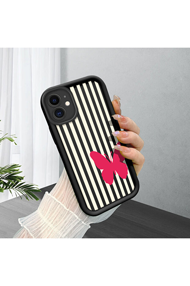 iPhone 11 Compatible Black Silicone Case Black-White Striped Butterfly Pattern Camera Protected Shock Absorbing