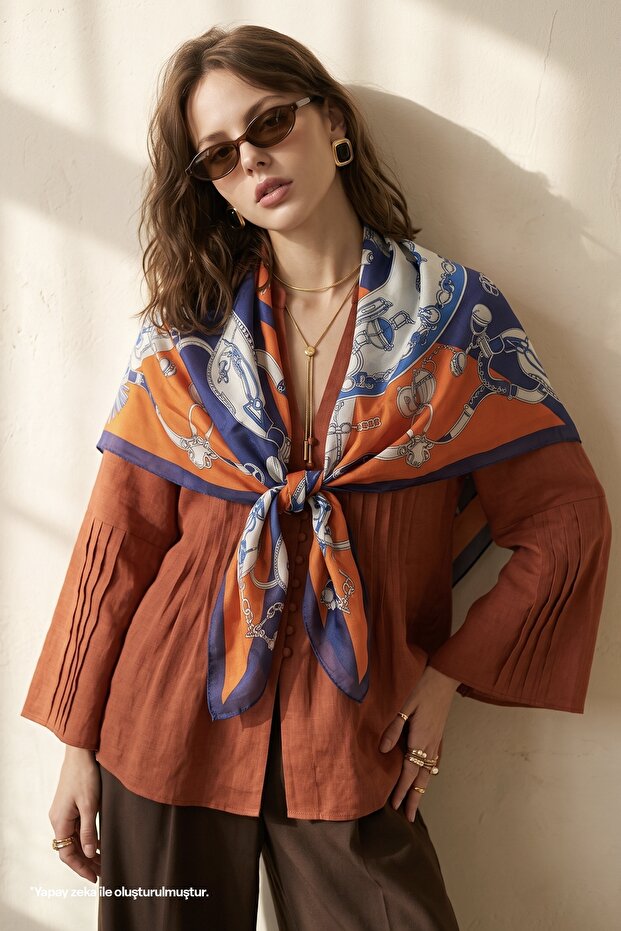 Patterned Navy Blue - Orange Soft Scarf 90X90