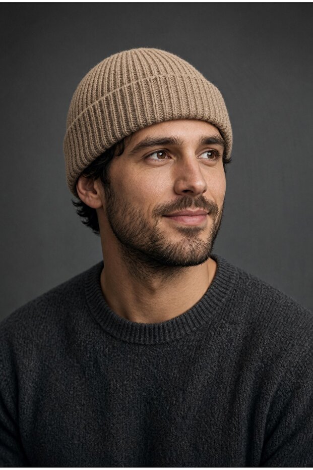 Unisex Winter Knitwear Beige Beanie | Plain Basic Knitted Beanie Model