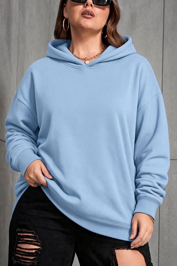 Bery Women's Large Size Oversized Basic Hooded Two-Thread Cotton Sweatshirt Relaxed Fit Unisex Sevgil